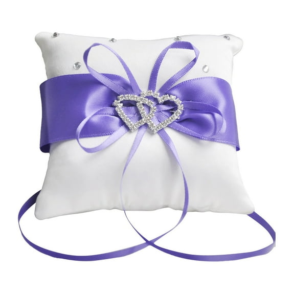 Wedding Ring Holder Pillow with Heart Rhinestone, Satin Bow Square Ring Bearer Pillow for Ceremony, 10X10Cm Elegant Wedding Accessory Gift Purple