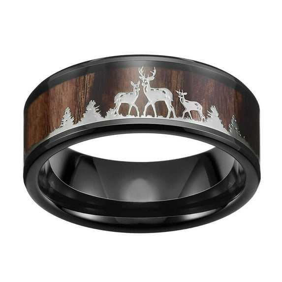 Wedding Ring Men - 8mm Black Hunter Deer Family Stag Hunting Tungsten Band