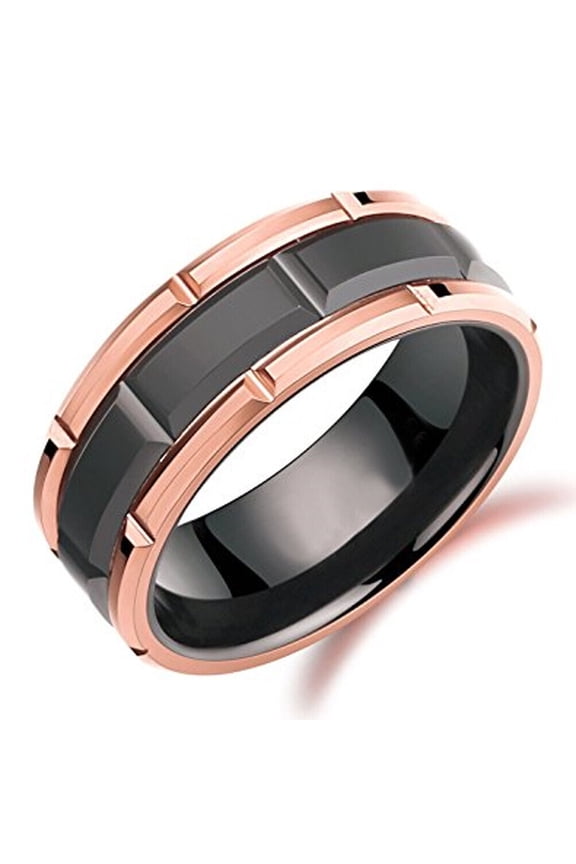 Wedding Ring Men. 8mm Black & Rose Gold Brick Pattern Tungsten Wedding Band