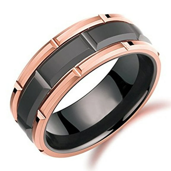 Wedding Ring Men. 8mm Black & Rose Gold Brick Pattern Tungsten Wedding Band
