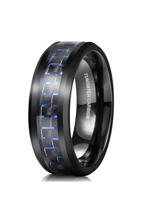 Wedding Ring Men. 8mm Black Tungsten Wedding Band w/ Blue Dash Carbon Fiber