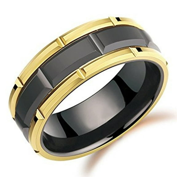 Wedding Ring Men. 8mm Black Yellow Gold Brick Pattern Tungsten Wedding Band