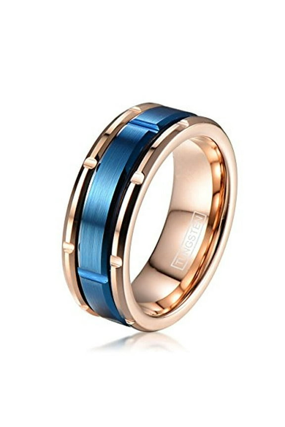 Wedding Ring Men. 8mm Rose Gold & Blue Brick Pattern Tungsten Wedding Band