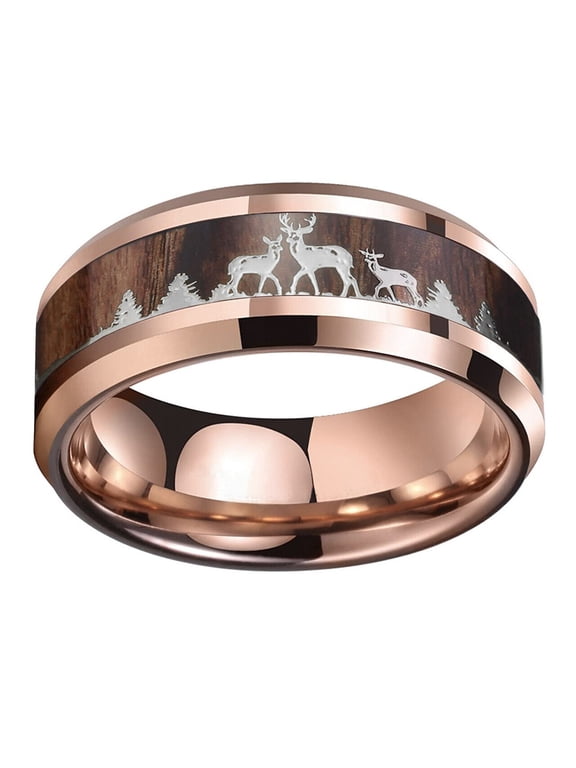 Wedding Ring Men 8mm RoseGold Hunter Deer Family Stag Hunting Tungsten Band
