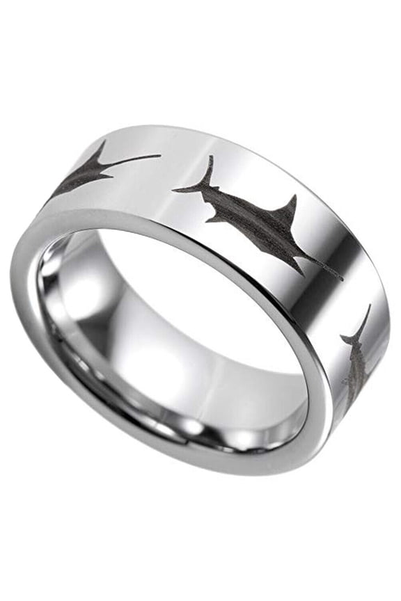 Wedding Ring Men. 8mm Silver Tungsten Fishermans Marline Fishing Swordfish