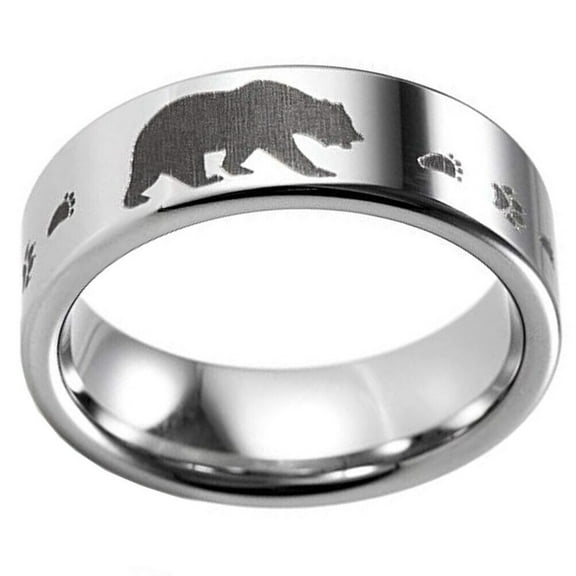 Wedding Ring Men Hunters 8mm Silver Tungsten Band Black Bear and Paw Prints