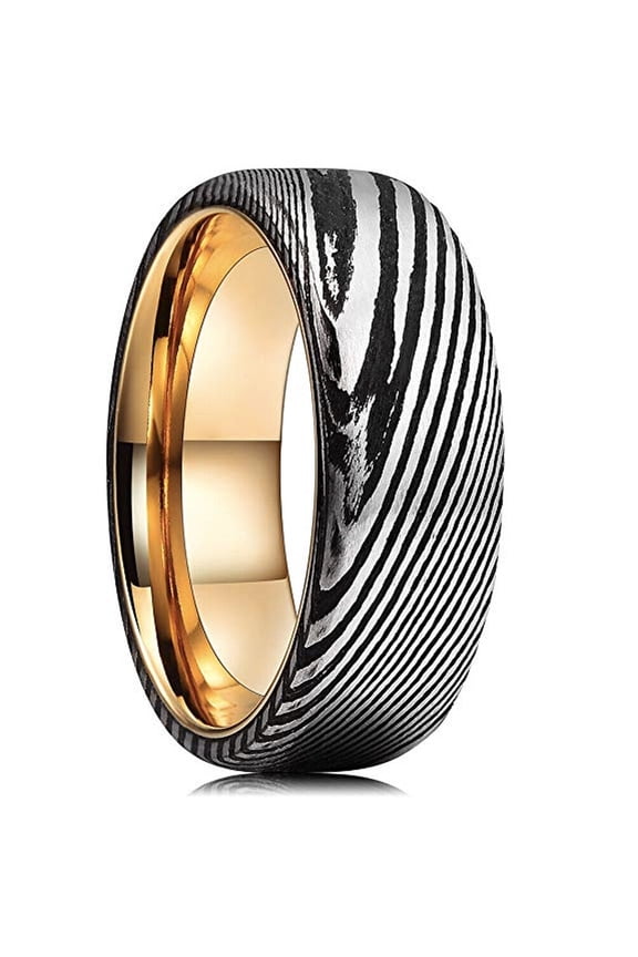 Wedding Ring Men Women. 8mm Black Damascus Wedding Band w Rose Gold Inside