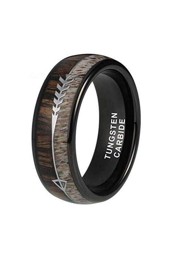 Wedding Ring Men Women 8mm Black Tungsten Wedding Band Arrow Antler & Wood