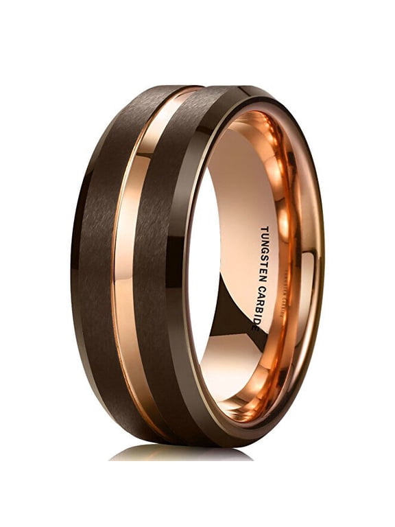 Wedding Ring Men & Women 8mm Brown & Rose Gold Groove Tungsten Wedding Band
