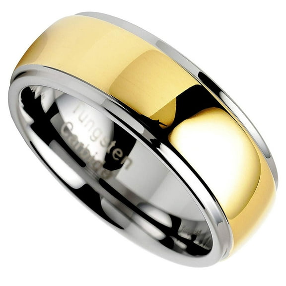 Wedding Ring Men Women 8mm Domed Polish Gold & Silver Tungsten Wedding Band
