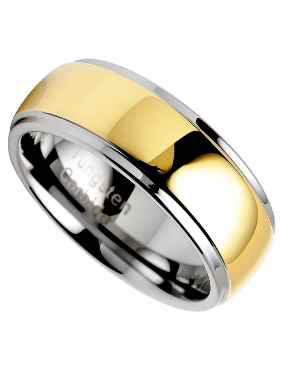 Wedding Ring Men Women 8mm Domed Polish Gold & Silver Tungsten Wedding Band