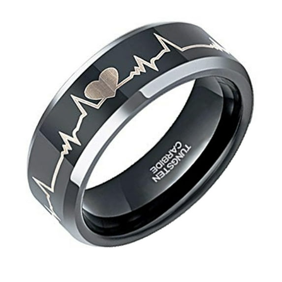Wedding Ring Men Women 8mm EKG Heartbeat Wedding Ring Black w/ Silver Laser