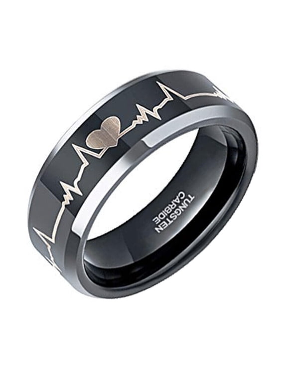 Wedding Ring Men Women 8mm EKG Heartbeat Wedding Ring Black w/ Silver Laser