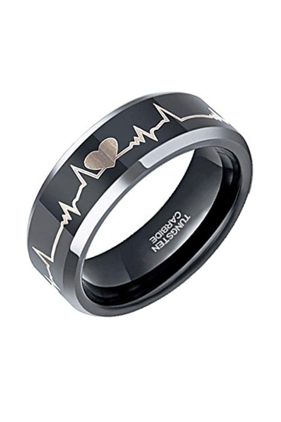 Wedding Ring Men Women 8mm EKG Heartbeat Wedding Ring Black w/ Silver Laser