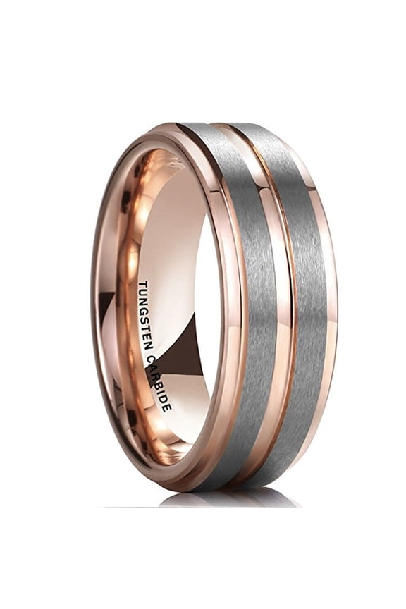 Wedding Ring Men Women 8mm Rose Gold Double Line Silver Matte Tungsten Band