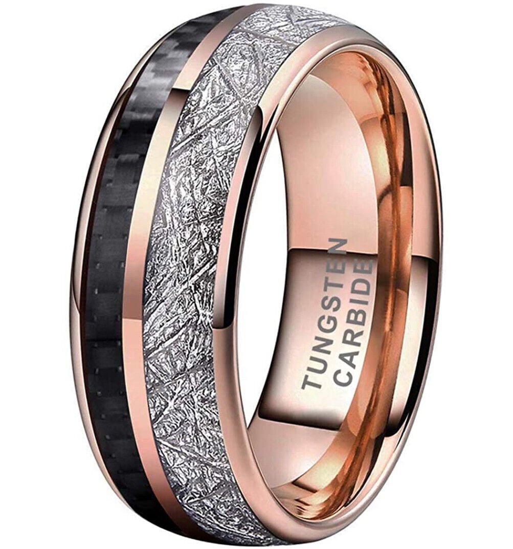 Wedding Ring Men Women 8mm Rose Gold Tungsten Band Black Carbon \u0026 Meteorite - Walmart.com