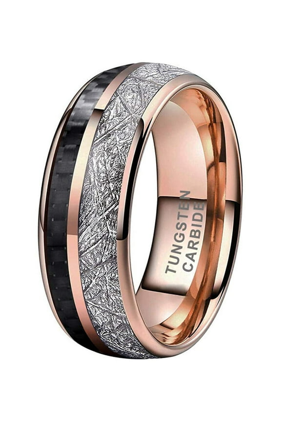 Wedding Ring Men Women 8mm Rose Gold Tungsten Band Black Carbon & Meteorite