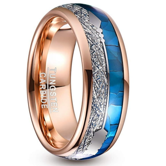 Wedding Ring Men Women. 8mm Rose Gold Tungsten Band Blue Shell & Meteorite