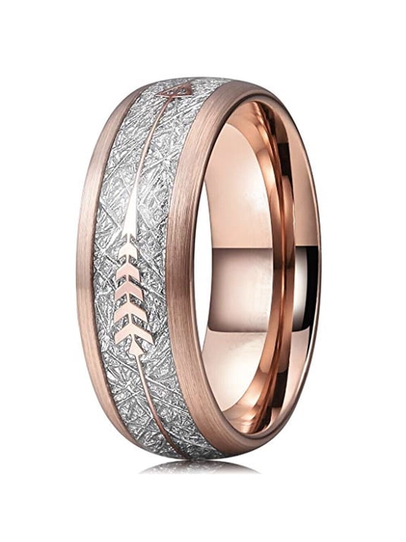 Wedding Ring Men Women. 8mm Rose Gold Tungsten Band Cupids Arrow Meteorite
