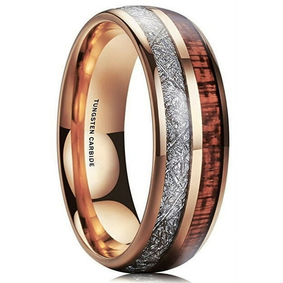 Wedding Ring Men Women 8mm Rose Gold Tungsten Wedding Band Wood & Meteorite