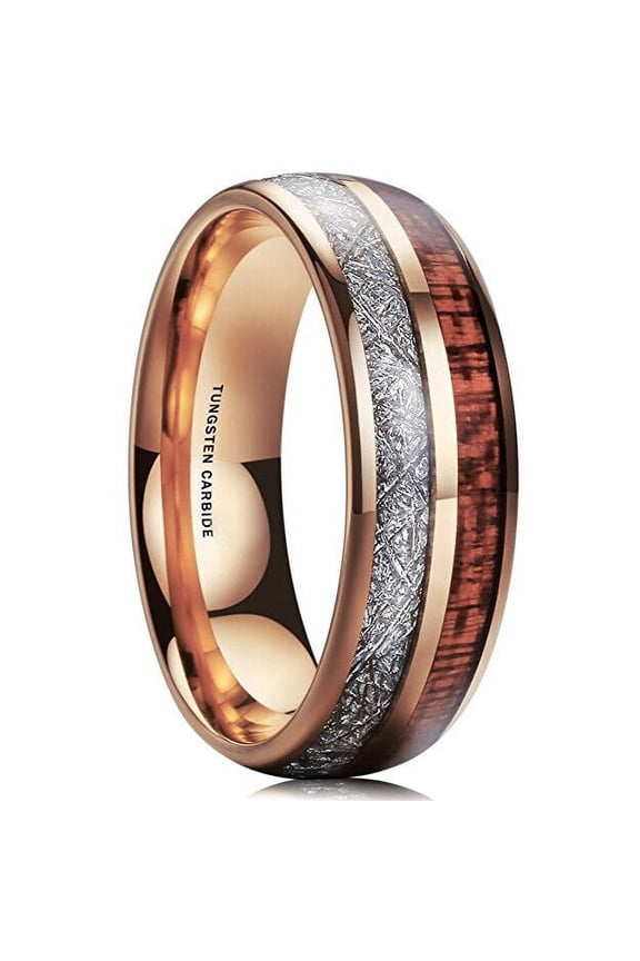 Wedding Ring Men Women 8mm Rose Gold Tungsten Wedding Band Wood & Meteorite