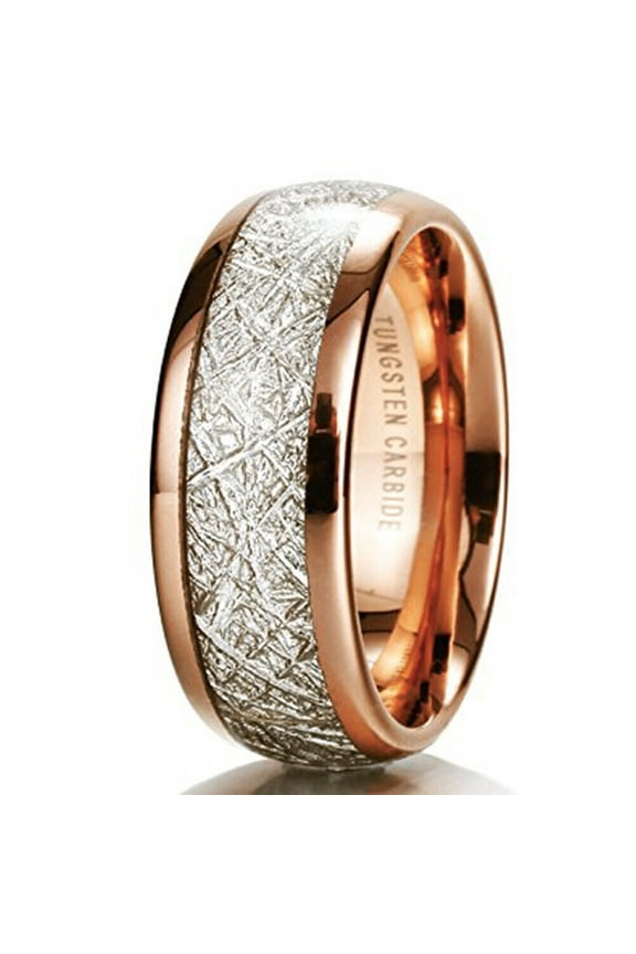 Wedding Ring Men Women 8mm Rose Gold Tungsten Wedding Band w/ Meteorite