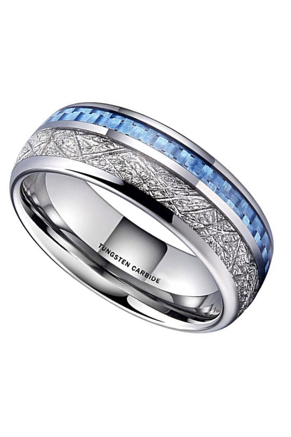 Wedding Ring Men Women. 8mm Silver Tungsten Band Blue Carbon & Meteorite
