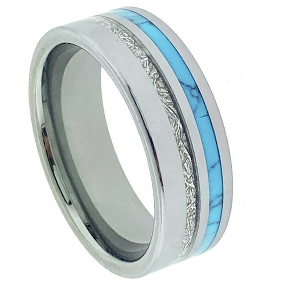 Wedding Ring Men Women 8mm Silver Tungsten Band Turquoise & Meteorite Inlay