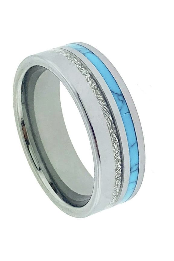 Wedding Ring Men Women 8mm Silver Tungsten Band Turquoise & Meteorite Inlay