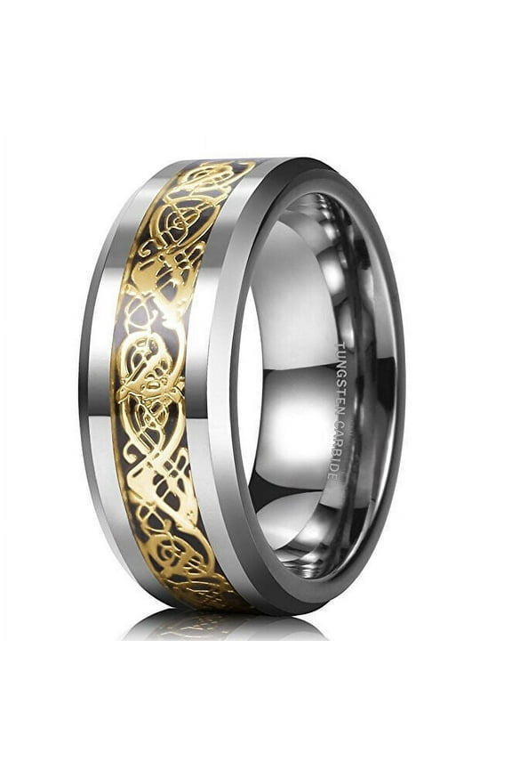 Wedding Ring Men & Women. 8mm Silver Tungsten Band Yellow Gold Celtic Knot