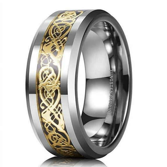 Wedding Ring Men & Women. 8mm Silver Tungsten Band Yellow Gold Celtic Knot