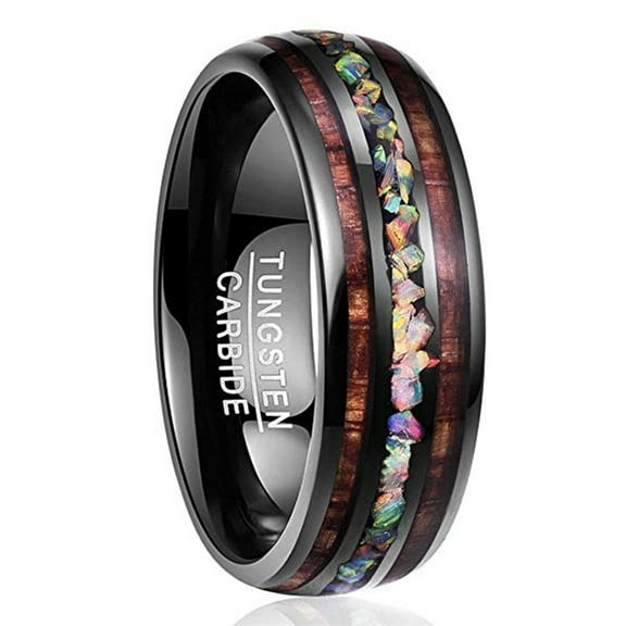 Wedding Ring Men Women. 8mm Wood & Rainbow Opal Black Tungsten Wedding Band