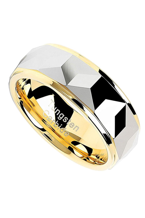 Wedding Ring Men Women 8mm Yellow Gold Tungsten Silver Faceted Wedding Band
