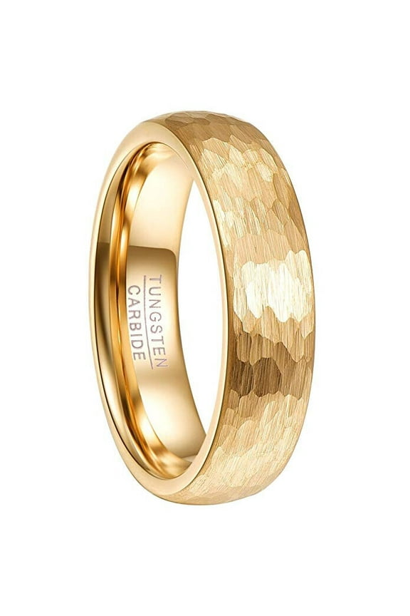 Wedding Ring Men or Women 6mm. Yellow Gold Hammered Tungsten Wedding Band