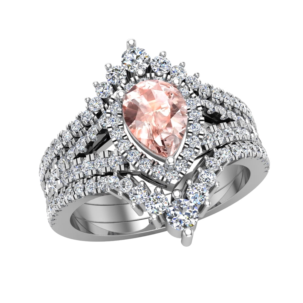 Teardrop Pink Morganite Bridal 14k Gold Ring Set-14k White 