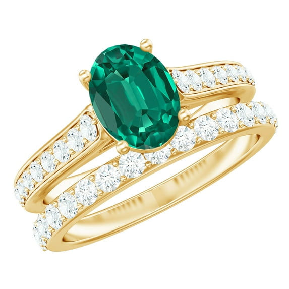 Rosec Jewels Certified Lab Grown Emerald Bridal Ring Set for Women - Oval Engagement Ring with Wedding Band - AAAA Quality, 14K Yellow Gold, US 5.50