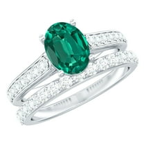 Rosec Jewels Certified Lab Grown Emerald Bridal Ring Set for Women - Oval Engagement Ring with Wedding Band - AAAA Quality, 925 Sterling Silver, US 4.00
