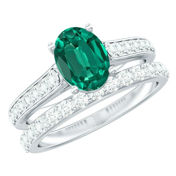 Rosec Jewels Certified Lab Grown Emerald Bridal Ring Set for Women - Oval Engagement Ring with Wedding Band - AAAA Quality, 925 Sterling Silver, US 4.00