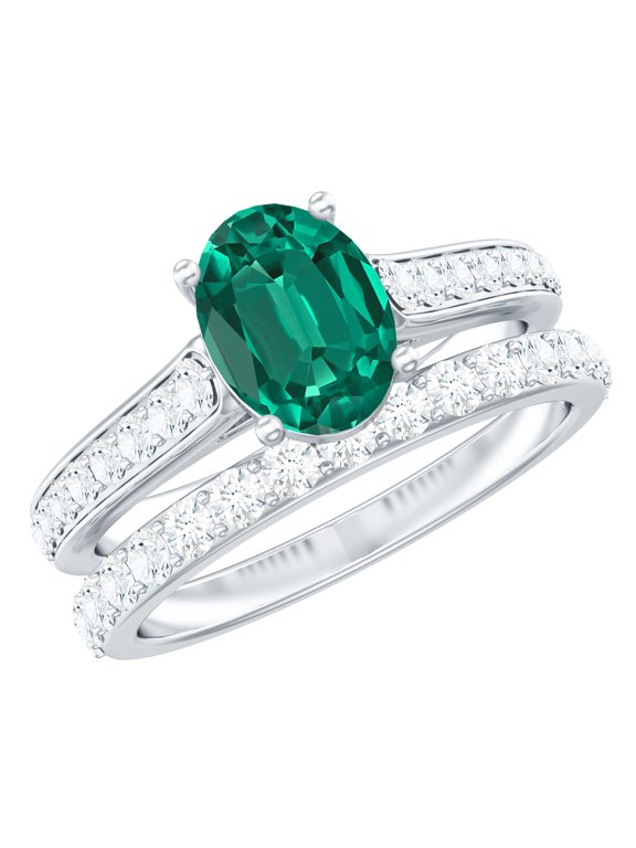 Certified Lab Grown Emerald Bridal Ring Set for Women - Oval Engagement Ring with Wedding Band - AAAA Quality, 925 Sterling Silver, US 4.00