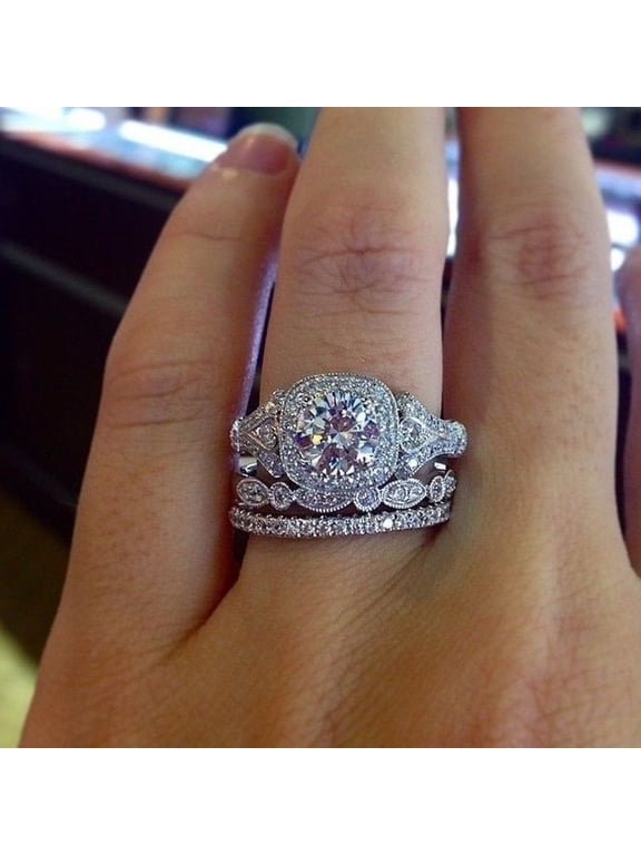 Wedding Ring Set Cubic Zircon Simulated Diamond Wedding Engagement Proposal Ring