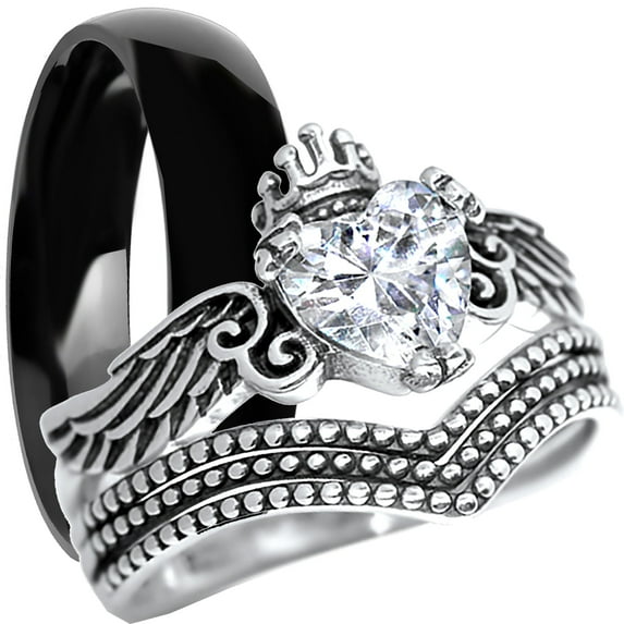 LaRaso & Co His Her Wedding Ring Set Black Silver TRIO Rings 7/10
