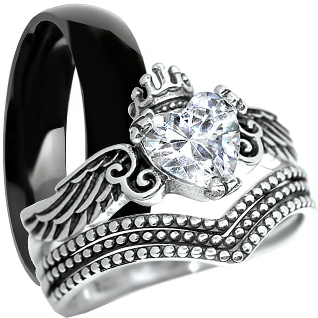 Wedding Ring Set His Hers Matching Black Rings for Women Men Him Her 8/ ...