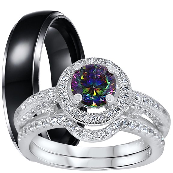 LaRaso & Co His Hers Wedding Ring Set His Hers Silver Black Titanium Engagement Rings TRIO Set Him Her 10/9