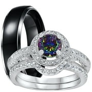 LARASO & CO Wedding Ring Set His Hers Silver Black Titanium Engagement Rings TRIO Set Him Her 5/9