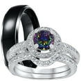 thumbnail image 1 of LaRaso & Co His Hers Wedding Ring Set His Hers Silver Black Titanium Engagement Rings TRIO Set Him Her 9/10, 1 of 6