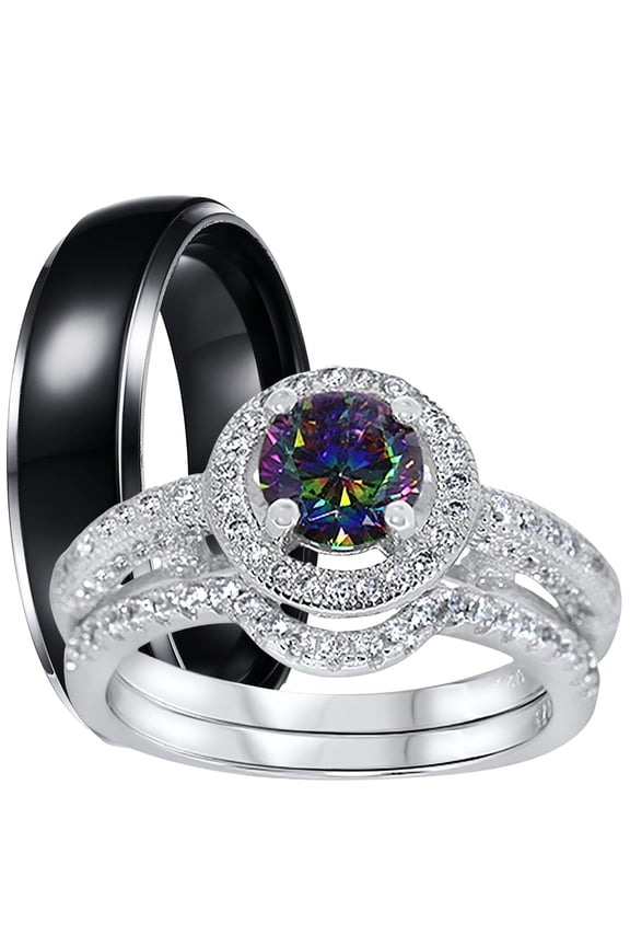 His Hers Wedding Ring Set His Hers Silver Black Titanium Engagement Rings TRIO Set Him Her 9/12