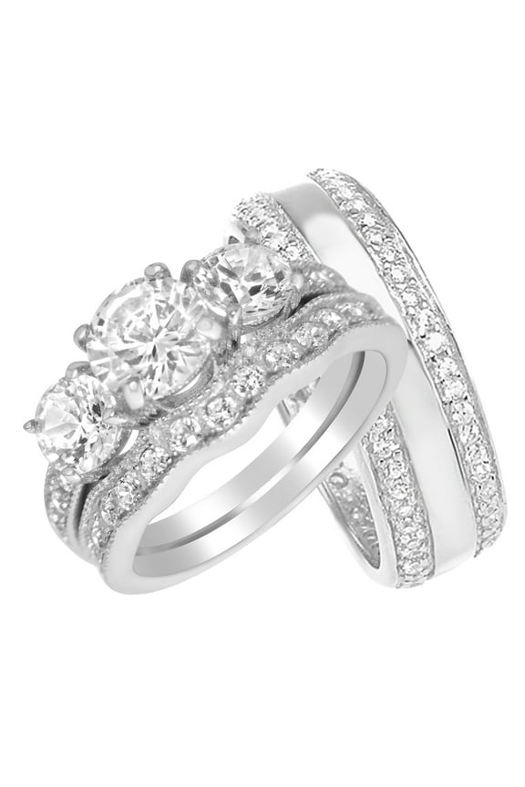 Wedding Ring Set His Hers Sterling Silver CZ Engagement TRIO Set Him Her 11/8