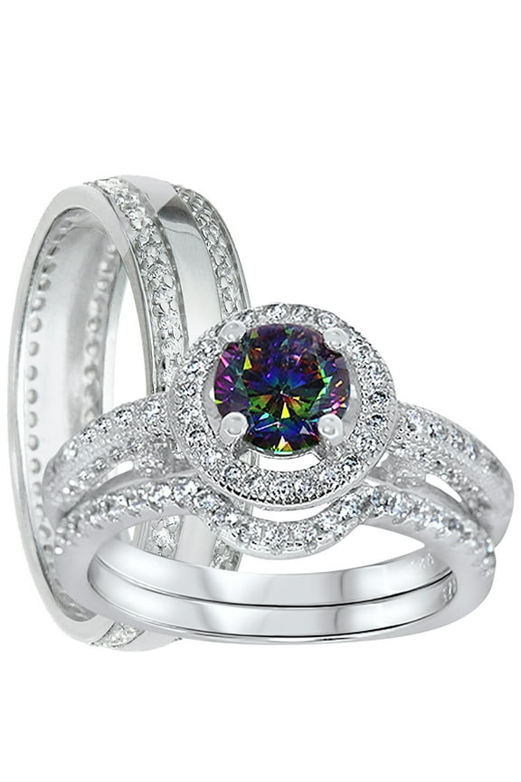 His Hers Wedding Ring Set His Hers Sterling Silver Engagement Rings TRIO Set Him Her 5/9