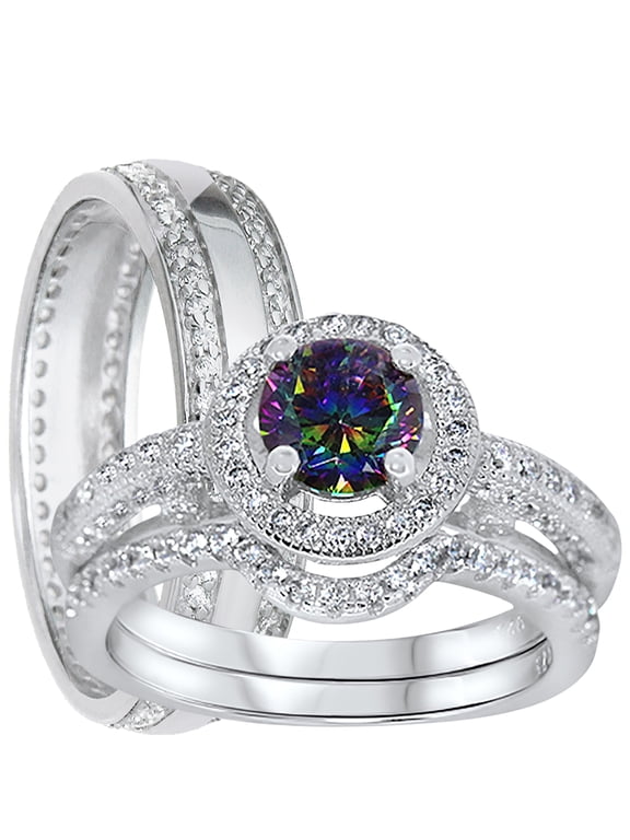 His Hers Wedding Ring Set His Hers Sterling Silver Engagement Rings TRIO Set Him Her 6/11
