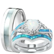 LARASO & CO Wedding Ring Set His Hers Sterling Silver Opal CZ Engagement TRIO Set Him Her 10/10